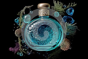 Elegant blue perfume bottle. Generative AI