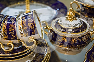 Elegant blue tea set. Cups