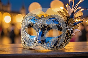 Elegant blue Venice carnival mask with golden details, flower and feathers on wooden table