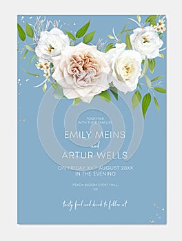 Elegant blue wedding invite card. Watercolor bouquet. Editable, floral vector illustration. Neutral beige, white, yellow roses,