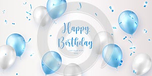 Elegant blue white ballon and party propper ribbon Happy Birthday celebration card banner template background