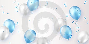 Elegant blue white ballon and party propper ribbon Happy Birthday celebration card banner template background