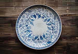 Elegant blue and white ceramic plate on a rustic wooden background photo