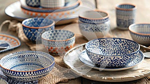 Elegant Blue and White Patterned Ceramic Dinnerware Set on Wooden Table