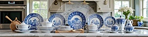 Elegant blue and white tableware collection in bright kitchen setting