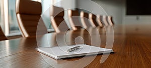 The elegant boardroom setup with a pen and notebook on the table. AI generated image