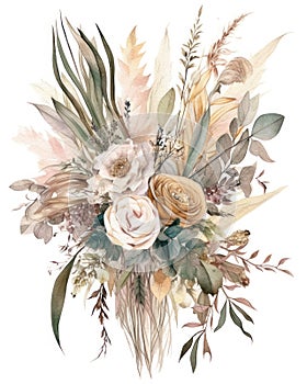 Elegant Boho Wedding Bouquet in Muted Watercolors .