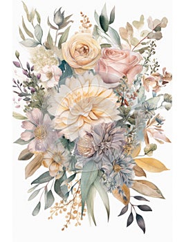 Elegant Boho Wedding Bouquet in Soft Pastel Watercolors .