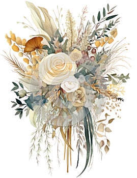 Elegant Boho Wedding Bouquet Watercolor Illustration with Detailed Flowers and Greenery .