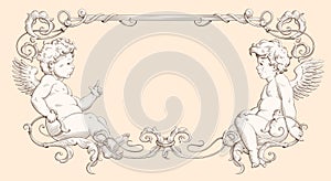 Elegant border frame with cupids for wedding, Valentine`s day and other holidays. Style of vintage engraving with Baroque ornament photo