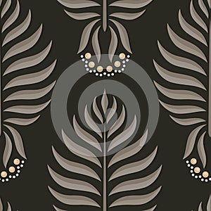 Elegant botanical seamless pattern with leaves and flowers on dark background