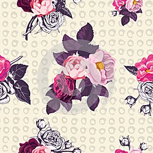 Elegant botanical seamless pattern with pink and unpainted roses on yellow background