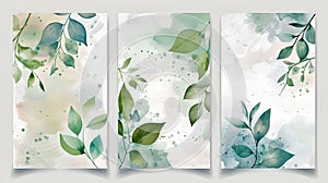 Elegant botanical triptych artwork with lush greenery. Contemporary natural leaf patterns. Ideal for modern interior