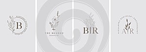 Elegant, botanique logo collection, hand drawn illustrations of flowers, leaves and twig, delicate and minimal monogram