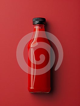 An elegant bottle of red sauce positioned on a matching red surface, showcasing product simplicity and uniformity. photo