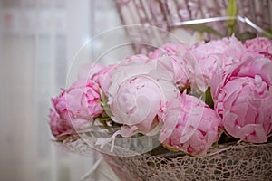 Elegant bouquet of peonies of pink color close up. Beautiful flower for any holiday. floral shop. beautiful pink peonie