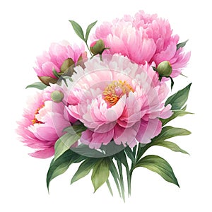 Elegant bouquet of pink peonies in watercolour style on white background