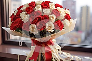 Elegant Bouquet of Red and White Roses by the Window