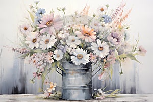 Elegant bouquet of spring flowers in vintage bucket