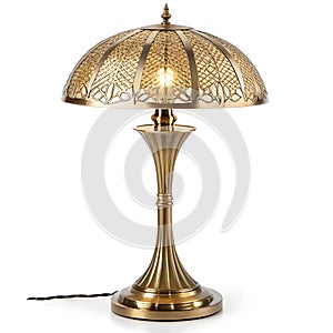 Elegant brass table lamp with unique shade design isolated on white background photo