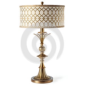 Elegant brass table lamp with unique shade design isolated on white background photo