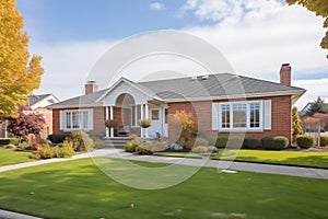 elegant brick cape cod home with bay window and front lawn