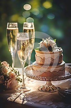 Elegant bridal cake decorated with flowers and champagne glasses