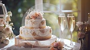 Elegant bridal cake decorated with flowers and champagne glasses