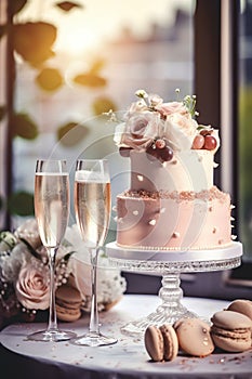 Elegant bridal cake decorated with flowers and champagne glasses