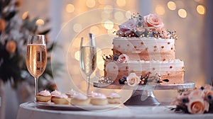 Elegant bridal cake decorated with flowers and champagne glasses