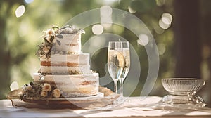 Elegant bridal cake decorated with flowers and champagne glasses