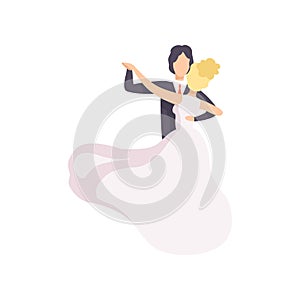 Elegant bride and groom dancing waltz, couple of newlyweds at wedding ceremony vector Illustration on a white background