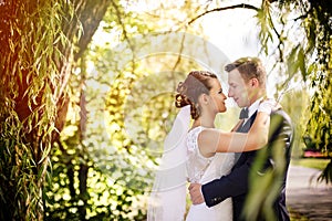 Elegant bride and groom posing together outdoors on a wedding day