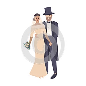 Elegant bride wearing exquisite wedding gown and groom dressed in luxurious tailcoat and top hat. Pair of newlyweds