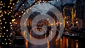 An elegant bridge arches gracefully over the peaceful river its lights casting a dreamy reflection on the quiet streets