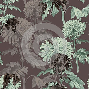 Elegant brown floral seamless pattern with flowers and stems.