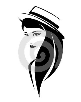 Woman wearing boater hat black vector portrait photo