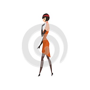 Elegant Brunette Woman in Red Retro Dress, Beautiful Flapper Girl of 1920s, Art Deco Style Vector Illustration