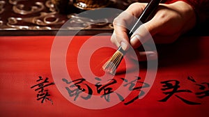 Elegant Brush Creating Chinese Calligraphy on Red Paper