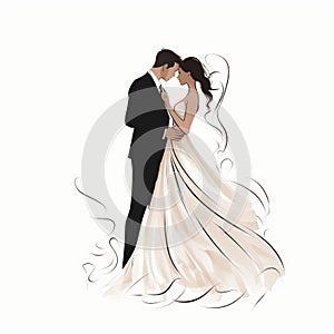 Elegant Brushwork: Bride And Groom Embrace In Continuous Line Wedding Art