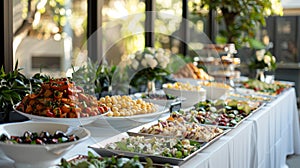 elegant buffet setup, elegantly arrange a variety of dishes on long tables covered in white tablecloths for an inviting photo