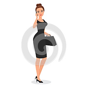 Elegant business lady in black dress walking, stylish businesswoman talking on phone