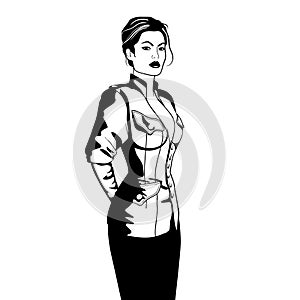 Elegant business woman in military style jacket isolated black and white sketch vector illustrtion.