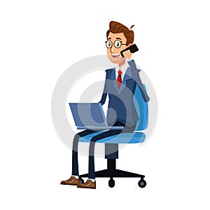 Elegant businessman calling with smartphone using laptop seated in chair