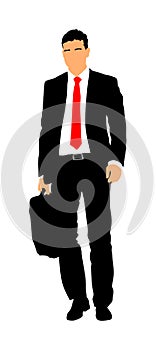 Elegant businessman go to work vector illustration. Handsome man in suite and tie with suitcase. Man walking. Young yuppie lawyer.