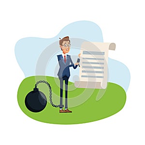 Elegant businessman with slave fetter and document comic character