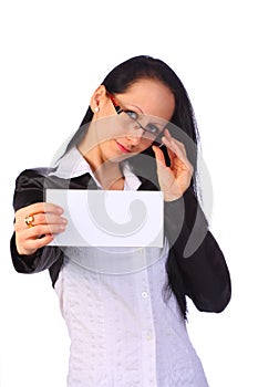Elegant businesswoman holding a blank card