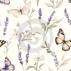 Elegant butterfly and lavender seamless pattern evoking tranquility and natural beauty. Generative AI photo