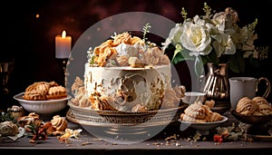 Magnificent cake for festive celebration in romantic atmosphere photo
