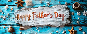 Elegant calligraphic Happy Fathers Day greeting on a rustic white wooden background symbolizing paternal appreciation and